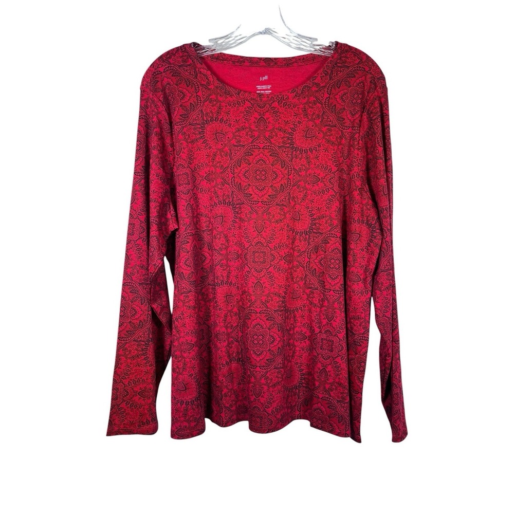 J Jill Sz XL Tee T Shirt Red Pima Cotton Long Sleeve Crew Neck Mandala Print